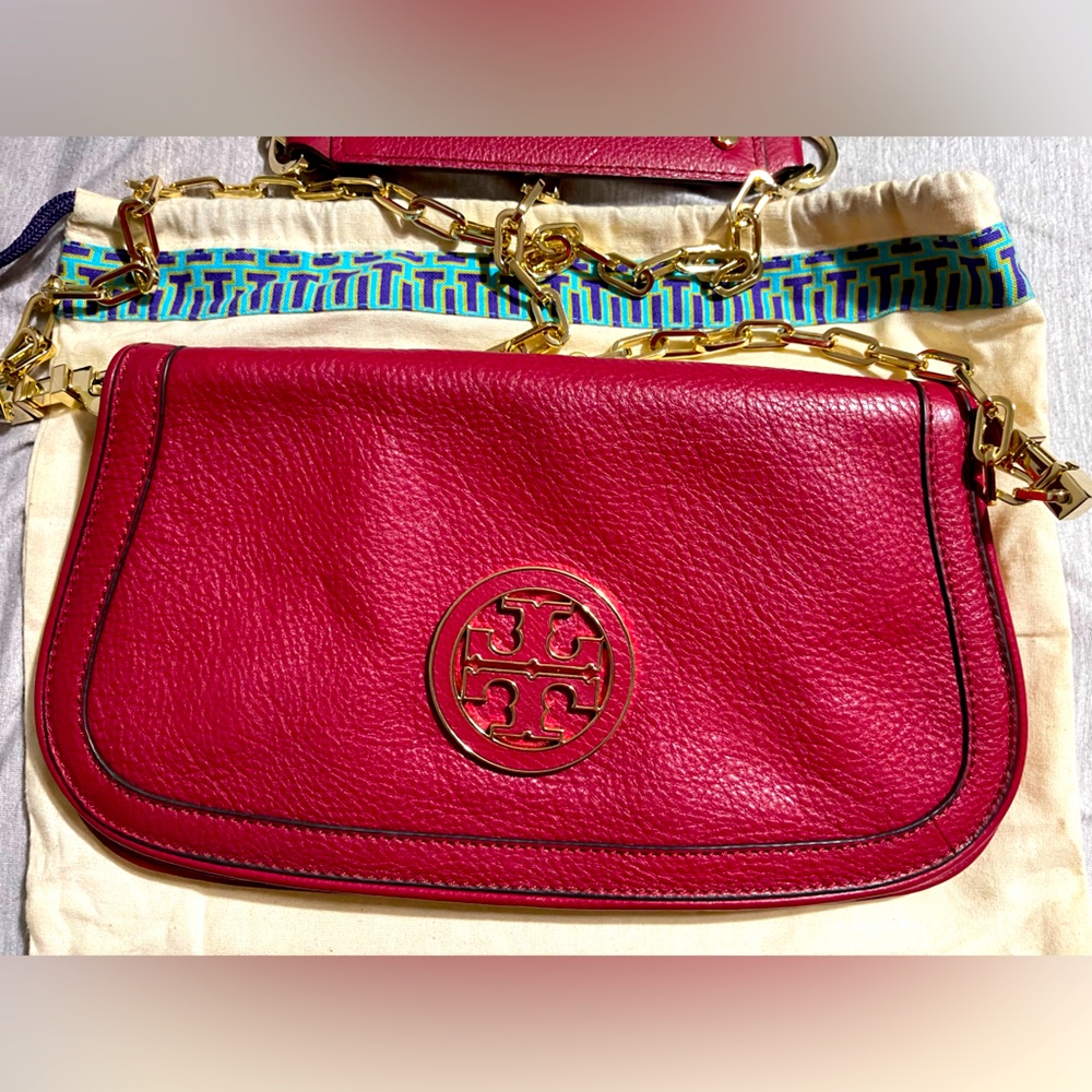Used Tory Burch Leather Crossbody Red and Gold